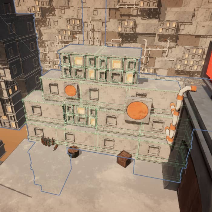 Stacked house modules with highlighted colliders